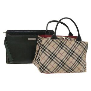 BURBERRY Nova Check Bag Nylon Leather 2 Set Beige Green Auth 139805